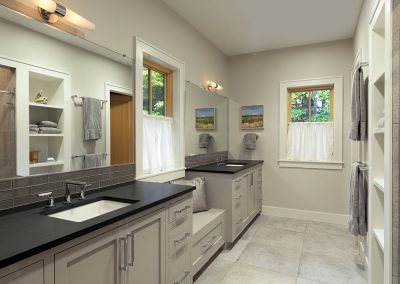 Custom light grey bathroom vanity cabinets with black counter tops