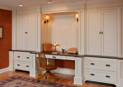 Custom white built-in office cabinets and desk