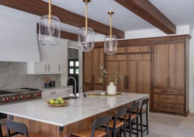 Natural wood grain custom kitchen cabinets and island